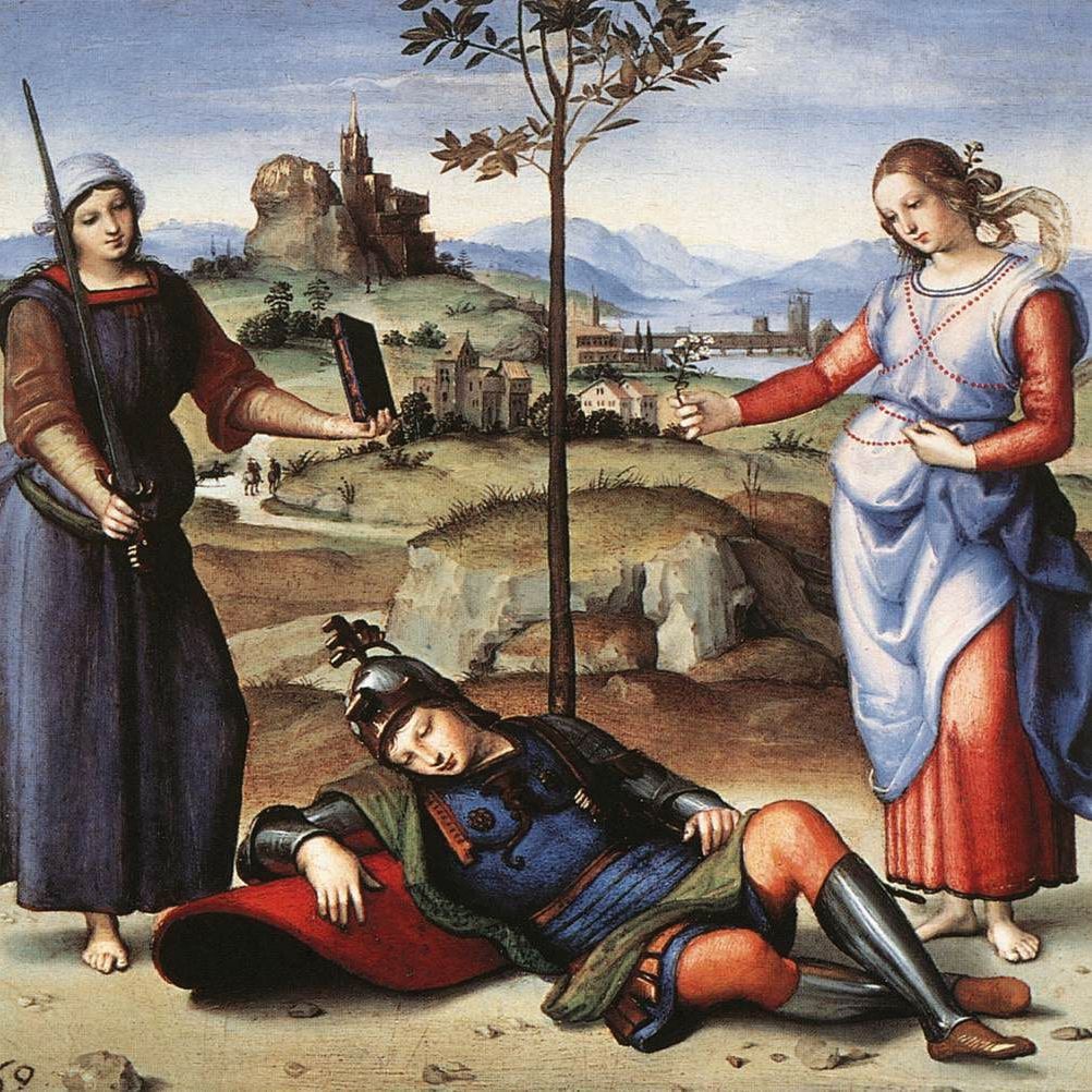  &ldquo;Il sogno del cavaliere&rdquo; dipinto da Raffaello Sanzio nel 1503 ed esposto alla National Gallery di Londra. 